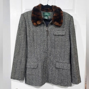 Lauren Ralph Lauren Gray & White Herringbone Jacket Faux Fur Collar in Size 12